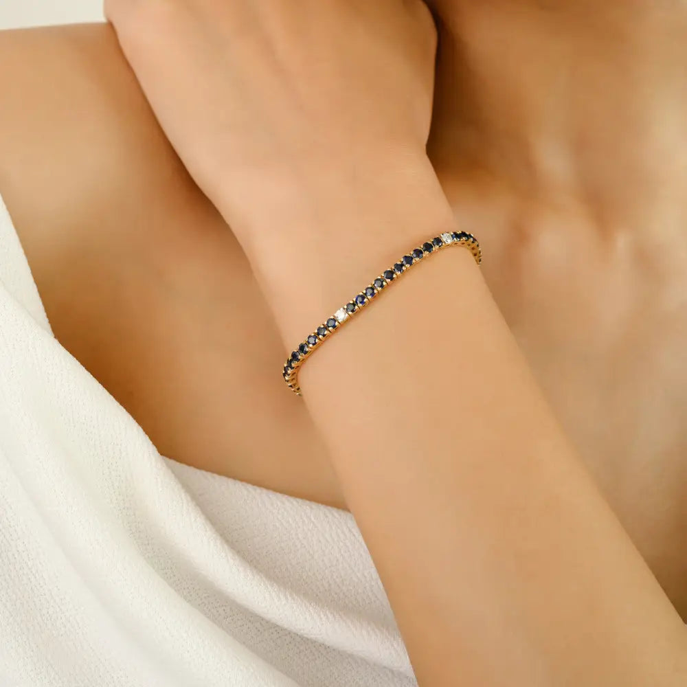 14K Pure Yellow Gold Round Cut Blue Sapphire & Diamond Tennis Bracelet Trending Jewelry