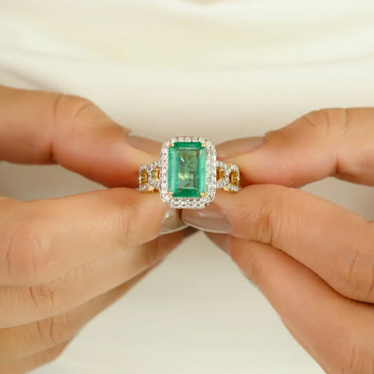 3.17ct. Zambian Emerald & Diamond Bold Statement Ring Bridal Bulk Jewelry 18K Yellow Gold