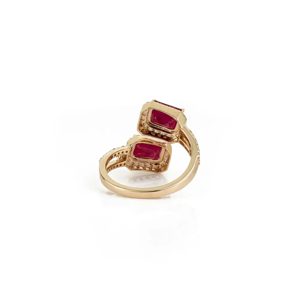 Ruby & Diamond 14K Solid Yellow Gold Fine Split Shank Halo Bypass Ring For Wedding Jewelry