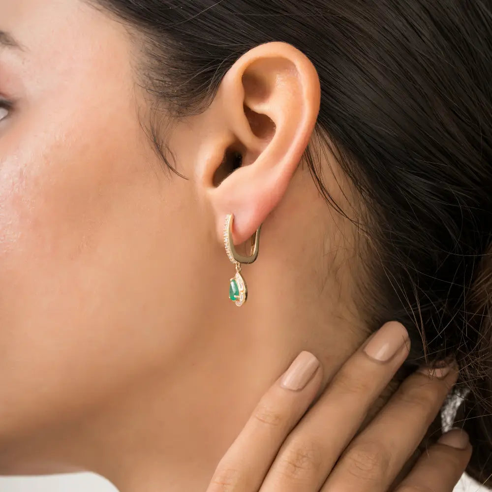 Elegant Emerald & Diamond K14 Real Yellow Gold Halo Hoop Drop Earrings Women Jewelry