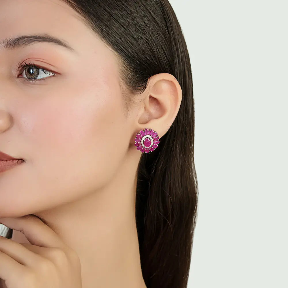 July Birthstone Ruby & Diamond Halo Big Flower Stud Earrings For Women 14K White Gold