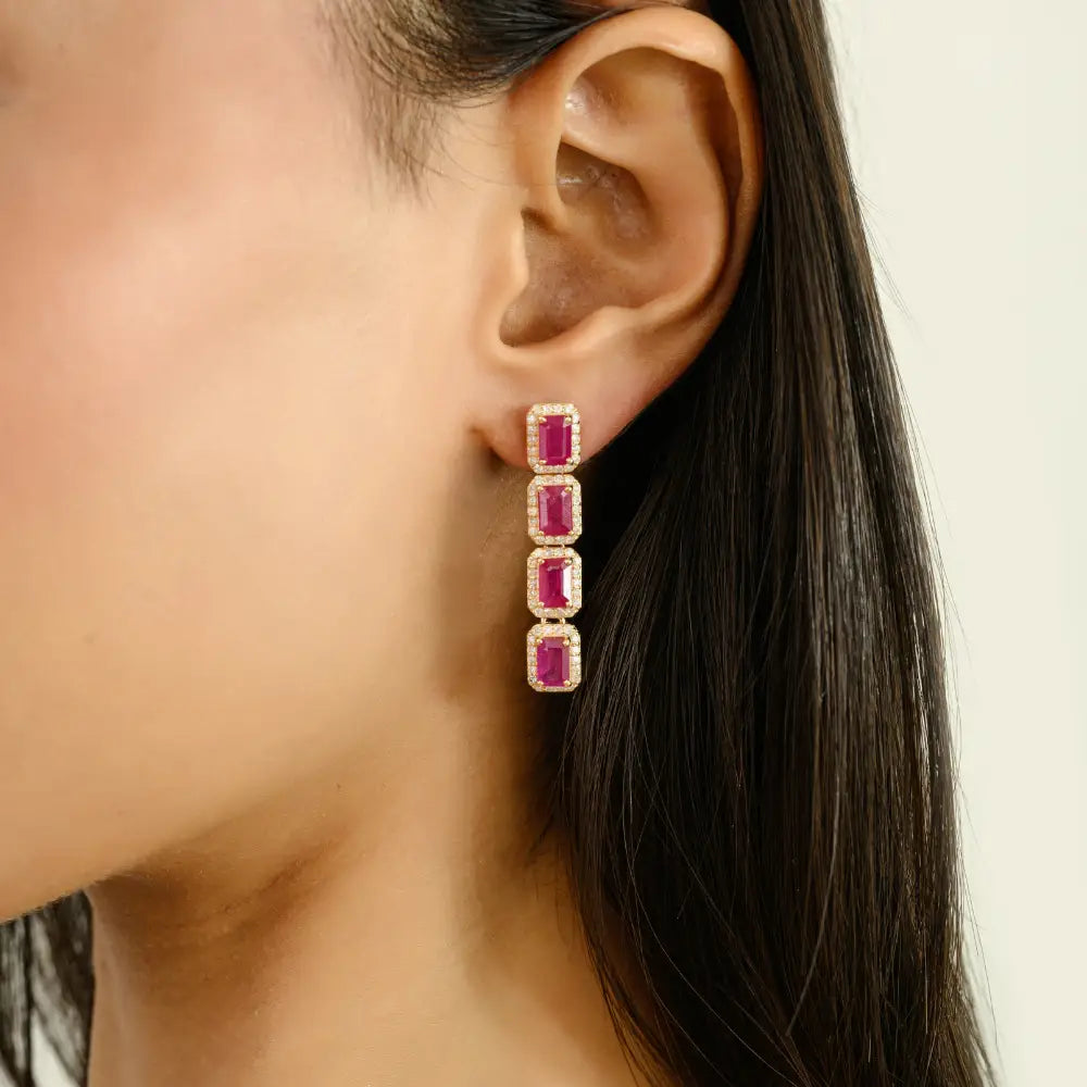 Bold Jewelry 14K Yellow Gold Ruby & Diamond Long Statement Dangle Earrings For Wedding