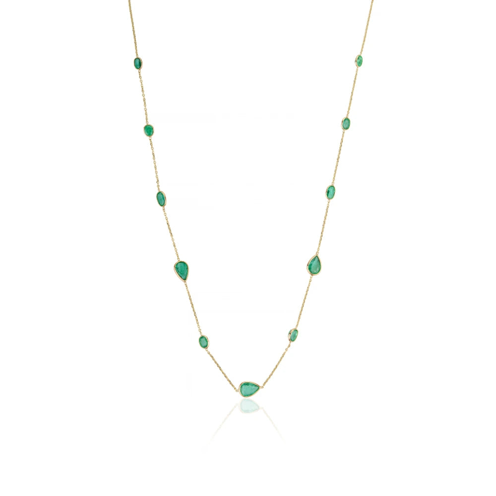 Bezel Set Emerald Gemstone Station Chain Necklace 14K Real Yellow Gold Stacking Jewelry Manufacturer
