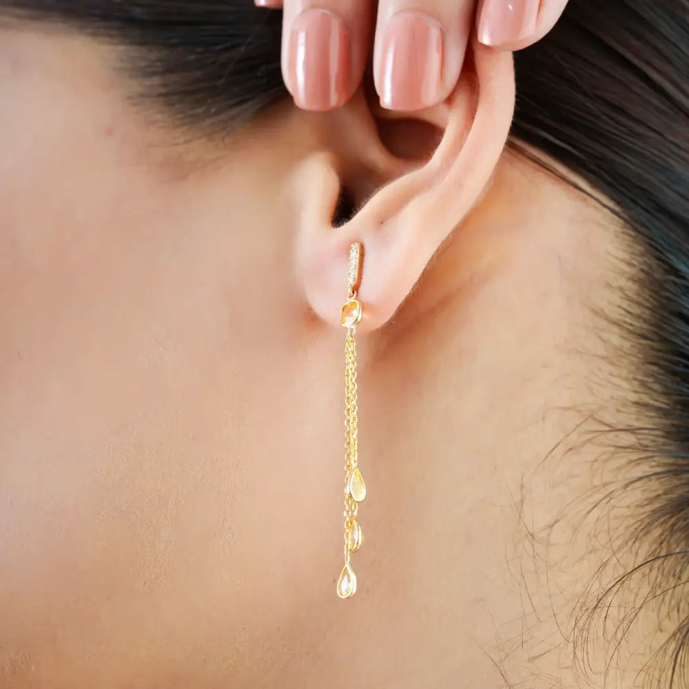 Light Weight 14K Real Gold Yellow Sapphire & Diamond Triple Link Chain Drop Earrings Women's