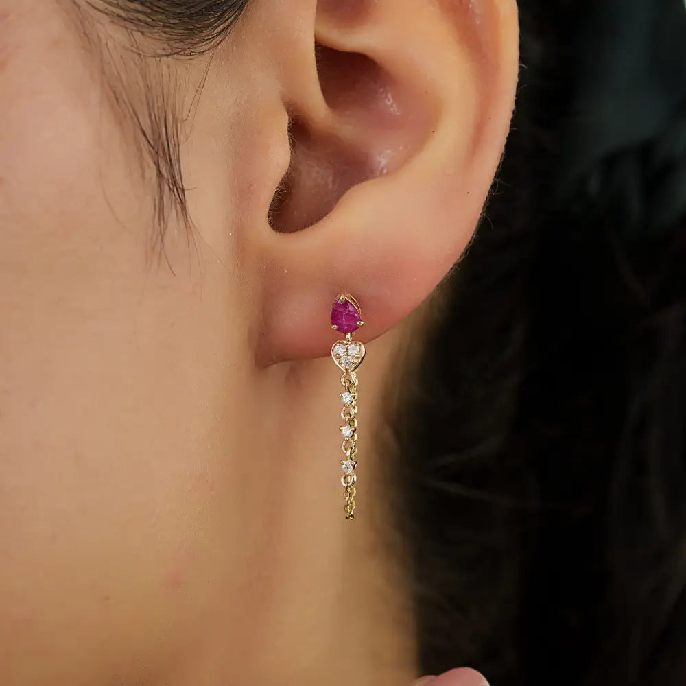 Precious Gemstone Ruby & Diamond Chain Loop Drop Earrings Solid K14 White Gold Jewelry
