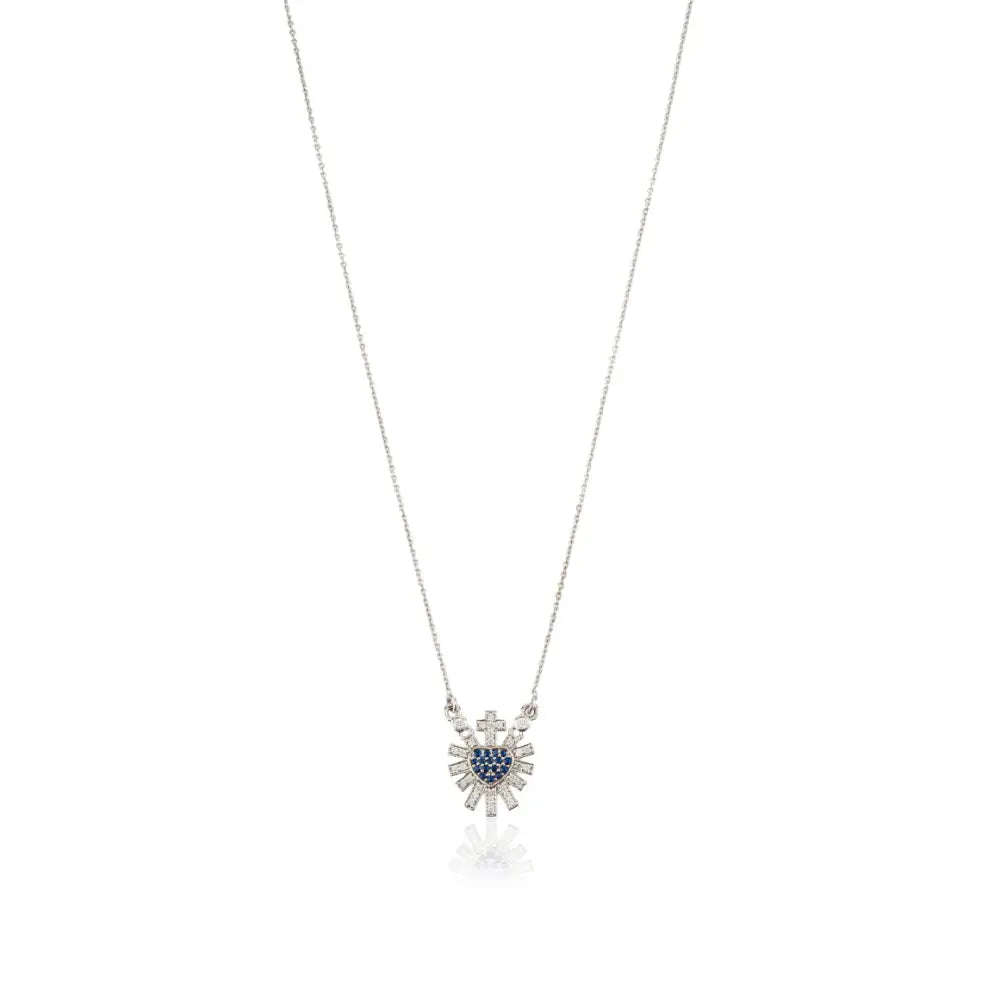 14K Solid White Gold Blue Sapphire & Diamond Sacred Heart Sunburst Pendant Necklace