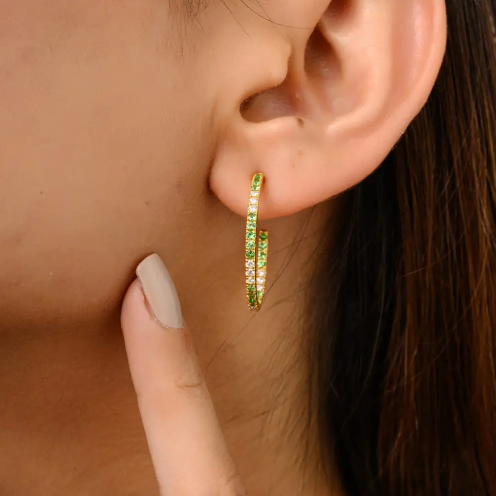 Handmade Jewelry Tsavorite & Diamond Solid 18K Yellow Gold C-Hoop Earrings