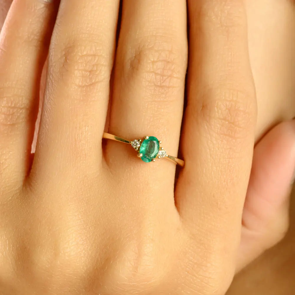 Minimalist Natural Emerald & Diamond Dainty Gemstone Ring 14K Real Yellow Gold Jewelry