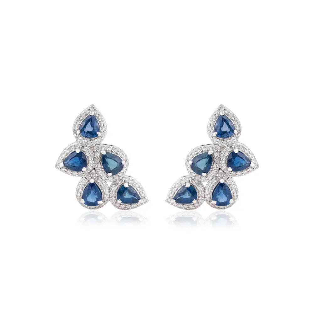 Unique Design Blue Sapphire & Diamond 14K Solid White Gold Wings Shape Halo Stud Earrings