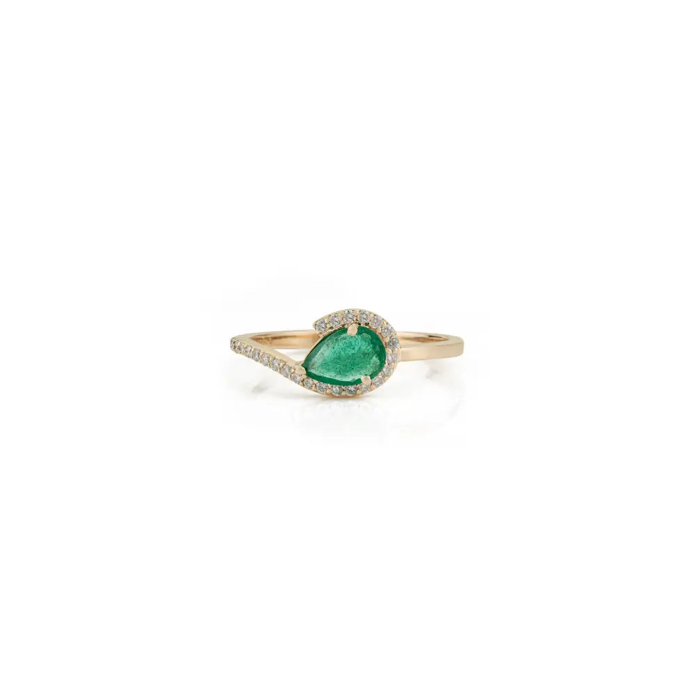 Unique Design Prong Set Emerald & Diamond K14 Real Yellow Gold Gemstone Ring New Jewelry