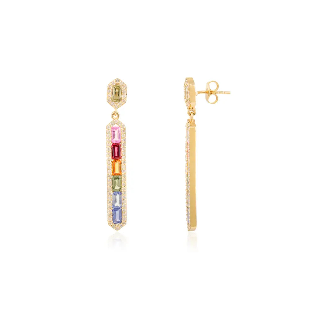 Gorgeous Design Rainbow Multi Sapphire & Diamond Statement Bar Dangle Earrings 14K Gold