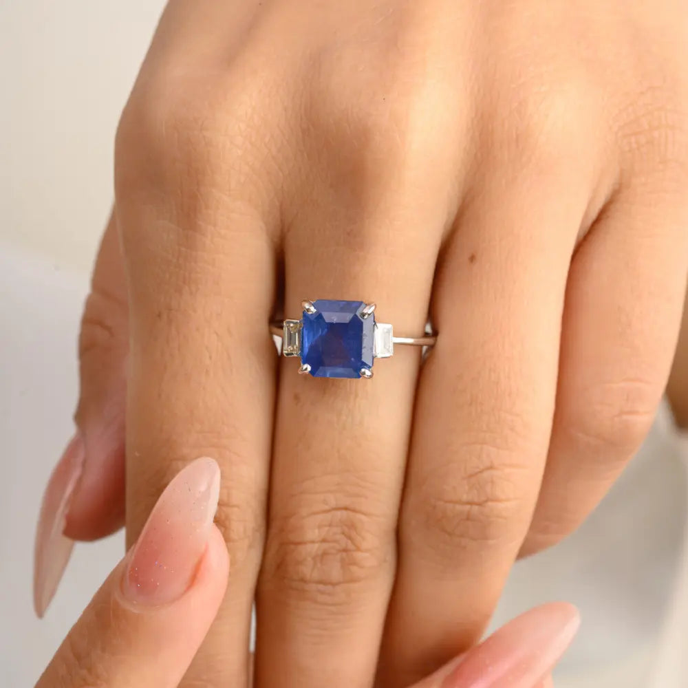 Precious Gemstone Natural Blue Sapphire & Diamond 14K White Gold Ring