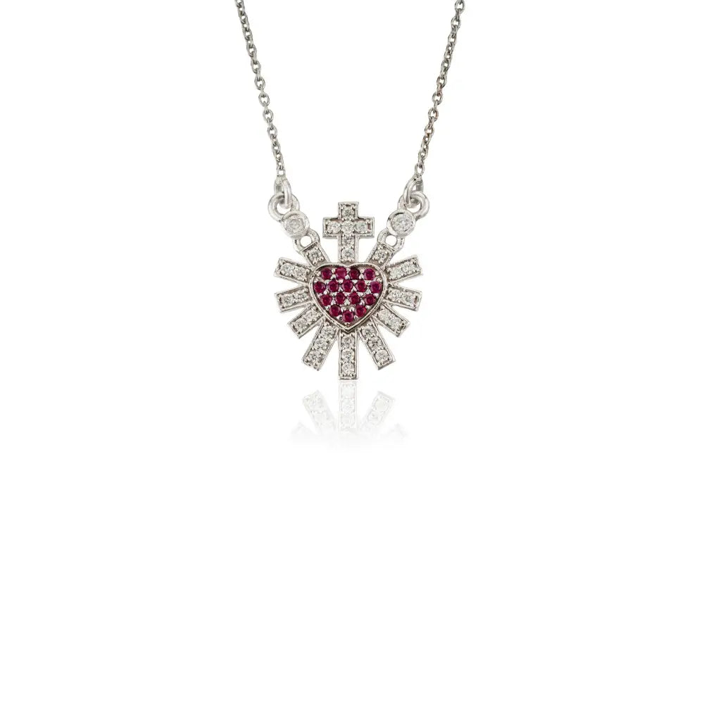 Real Ruby & Diamond Sacred Heart Sunburst Pendant Necklace Unique Design 14K White Gold