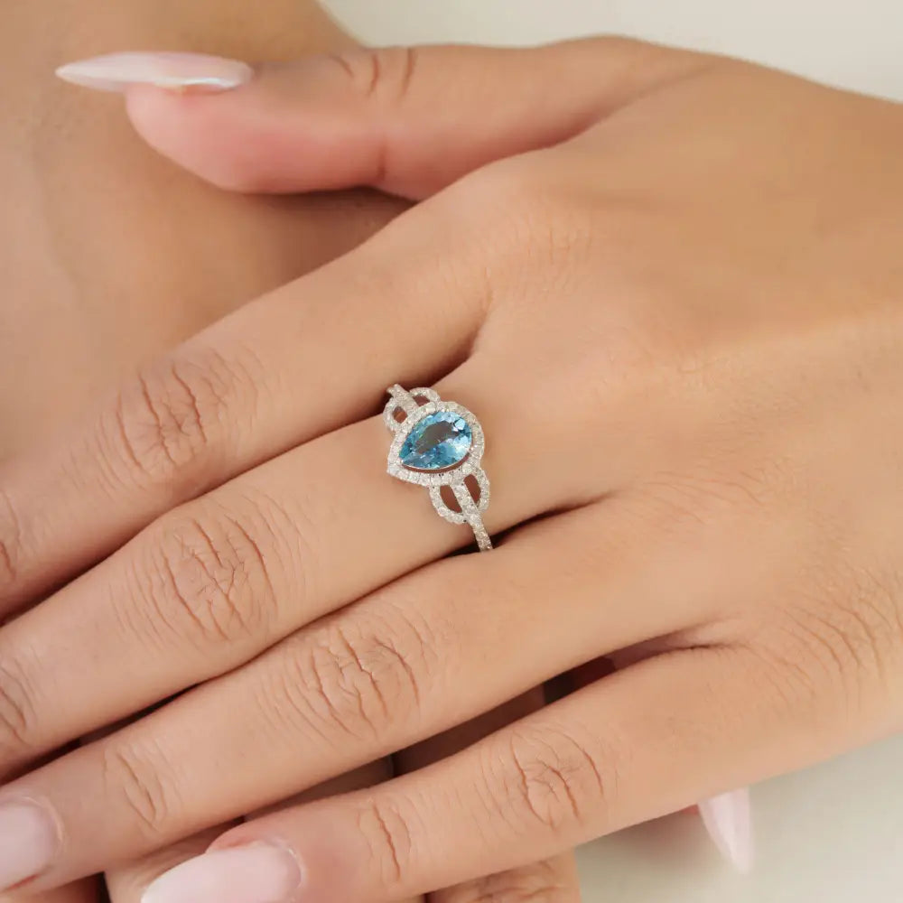 Fine Handmade Aquamarine & Diamond 14K White Gold Statement Ring March Birthstone