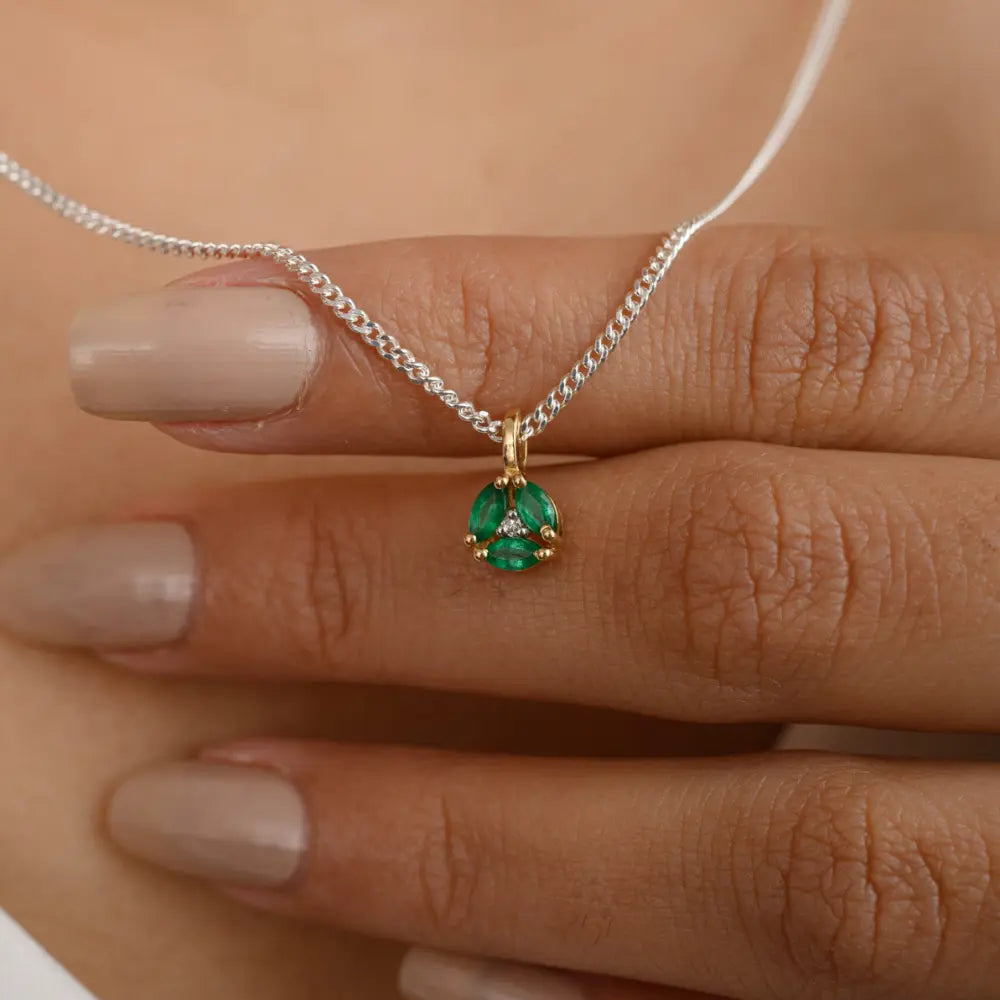 Marquise Shape Emerald & Round Diamond 14K Yellow Gold Pendant