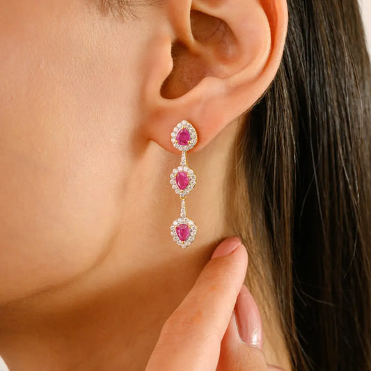 Solid 14K Yellow Gold Ruby & Diamond Dangle Earrings Wedding Jewelry For Women