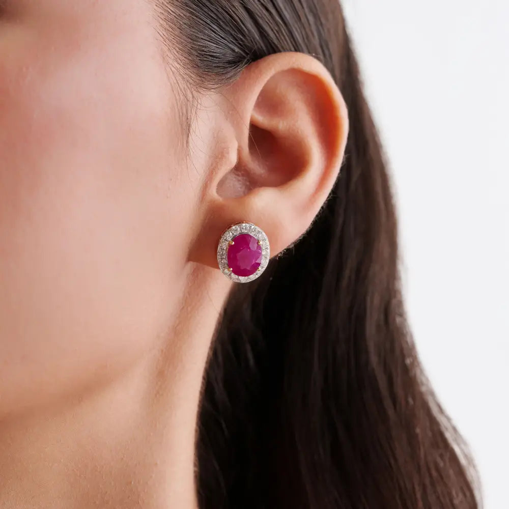 Latest New Arrivals K18 Yellow Gold Ruby & Diamond Halo Statement Stud Earrings For Women's