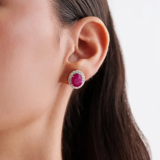 Latest New Arrivals K18 Yellow Gold Ruby & Diamond Halo Statement Stud Earrings For Women's