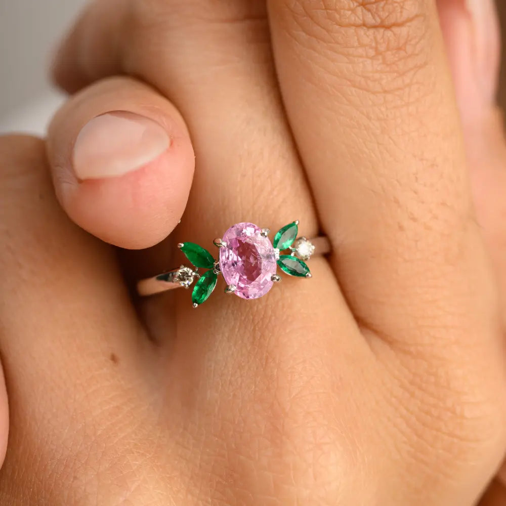 Emerald, Pink Sapphire & Diamond 14K Solid White Gold Ring Birthstone Jewelry