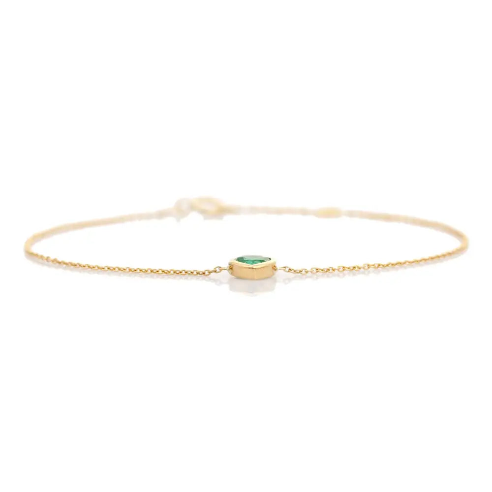 14K Solid Yellow Gold Natural Emerald Heart Shape Spring Lock Chain Bracelet Women Jewelry