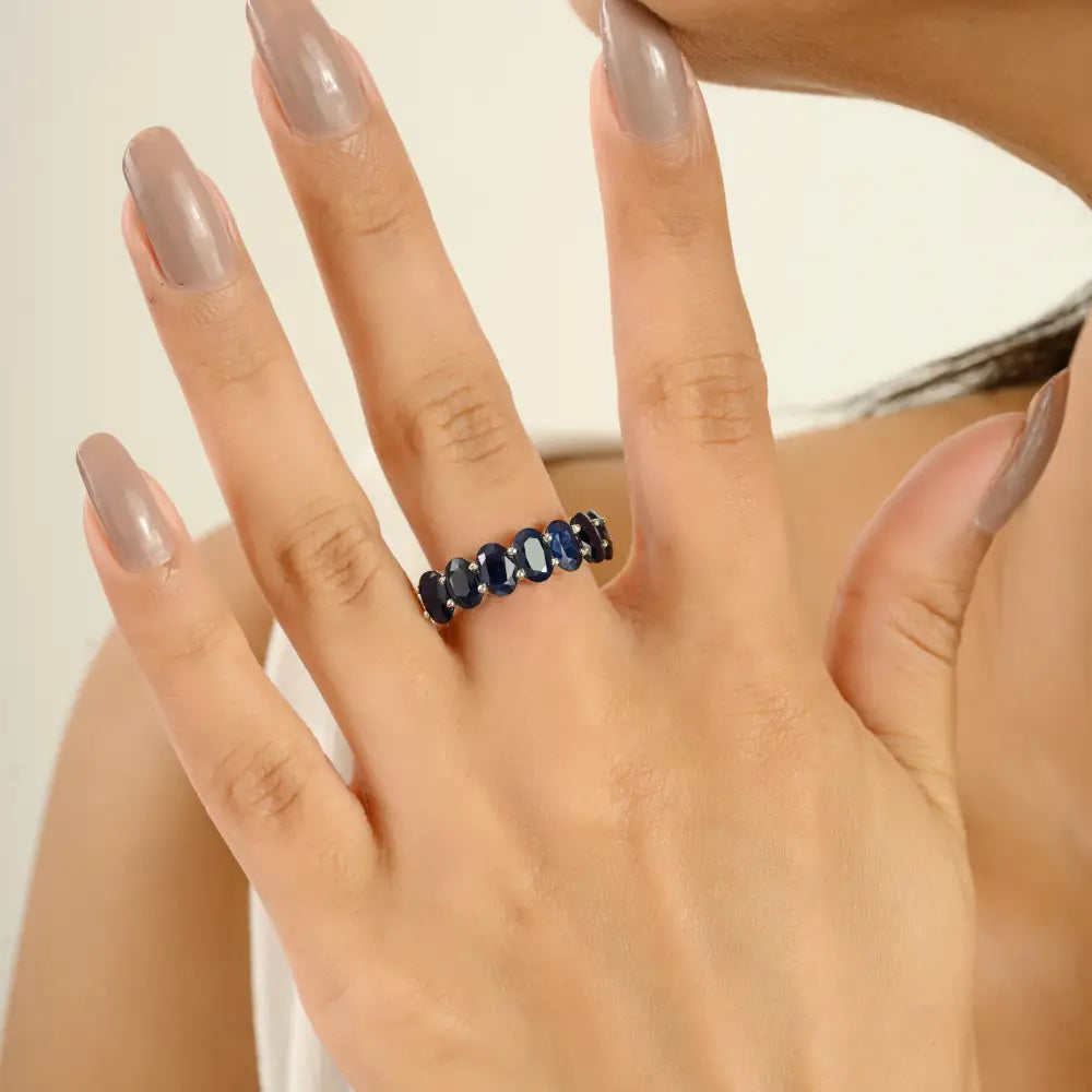 Oval Cut Blue Sapphire Half Eternity Band Ring For Unisex Custom 14K Gold Everyday Jewelry