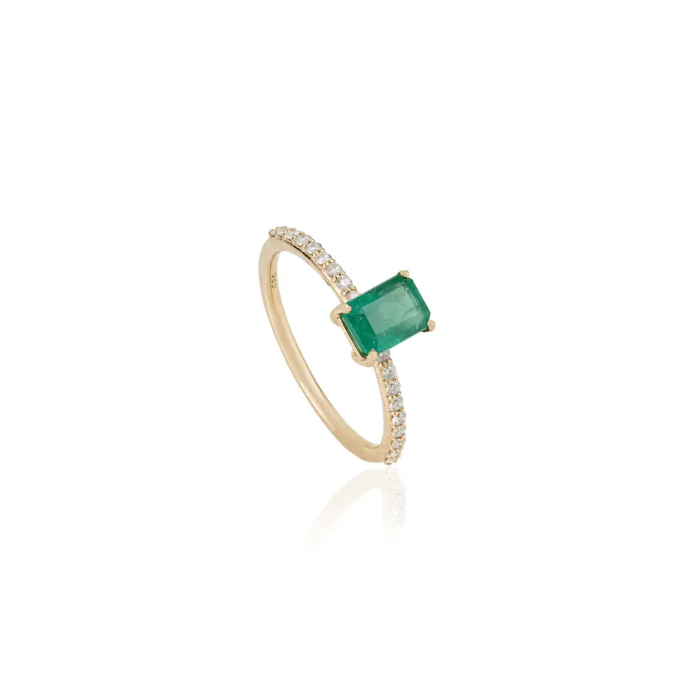 100% Natural 7x5 mm Emerald & Diamond Gemstone Ring 14K Yellow Gold Fine Jewelry
