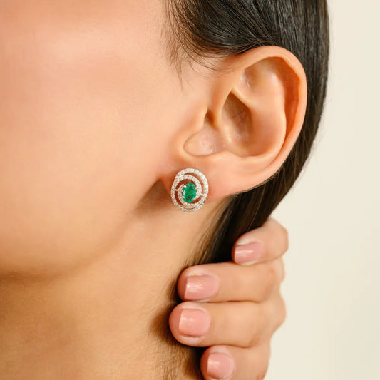 Unique Latest Design Emerald & Diamond Double Halo Spiral Stud Earrings 14K Gold Jewelry