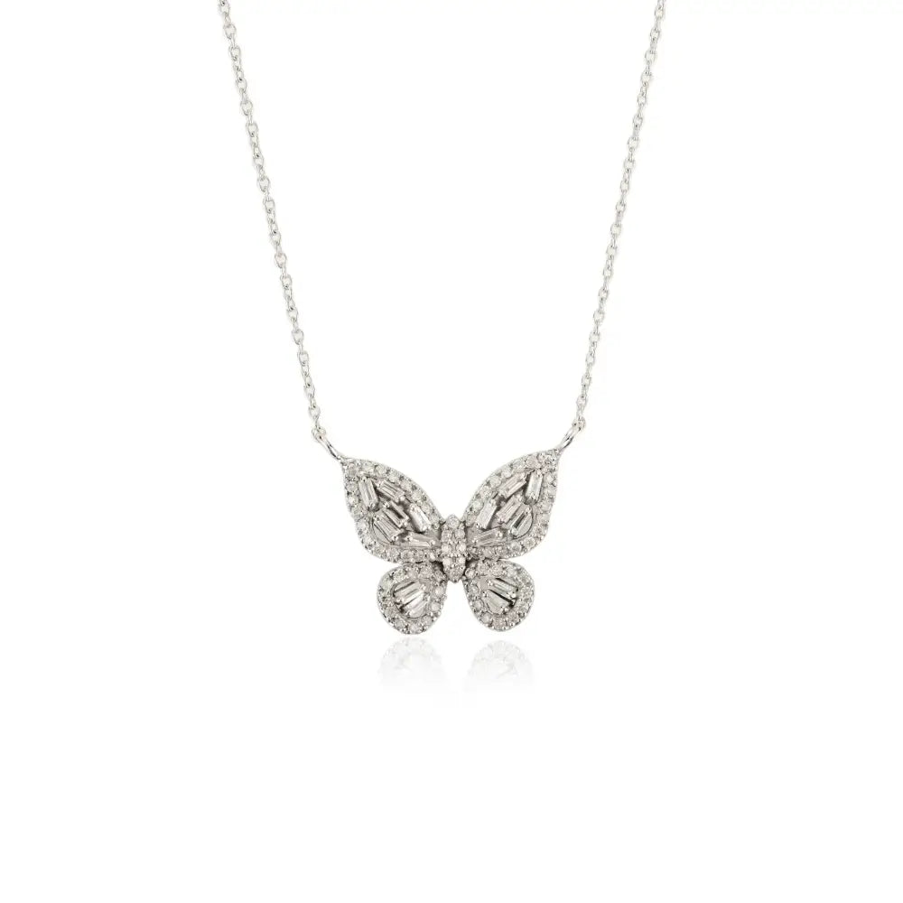 Natural Diamond Real 14K White Gold Butterfly Pendant Necklace Wedding Statement Jewelry