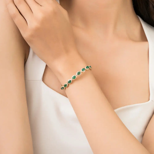 Luxurious Emerald & Diamond 18K Real Yellow Gold Halo Tennis Bracelet Trending Jewelry