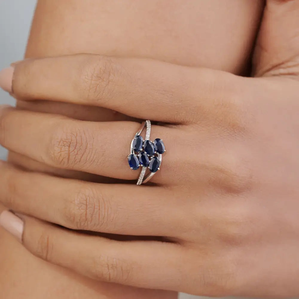 5x3mm Oval Cut Blue Sapphire & Diamond Fine 14K White Gold Wedding Ring New Arrivals Jewelry