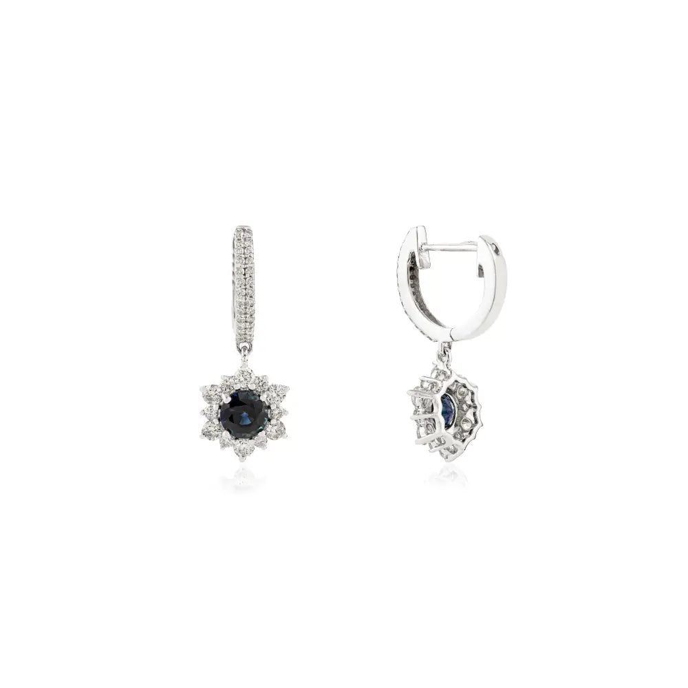 Unique Design Blue Sapphire & Diamond 14K Solid Gold Cluster Charm Hoop Drop Earrings