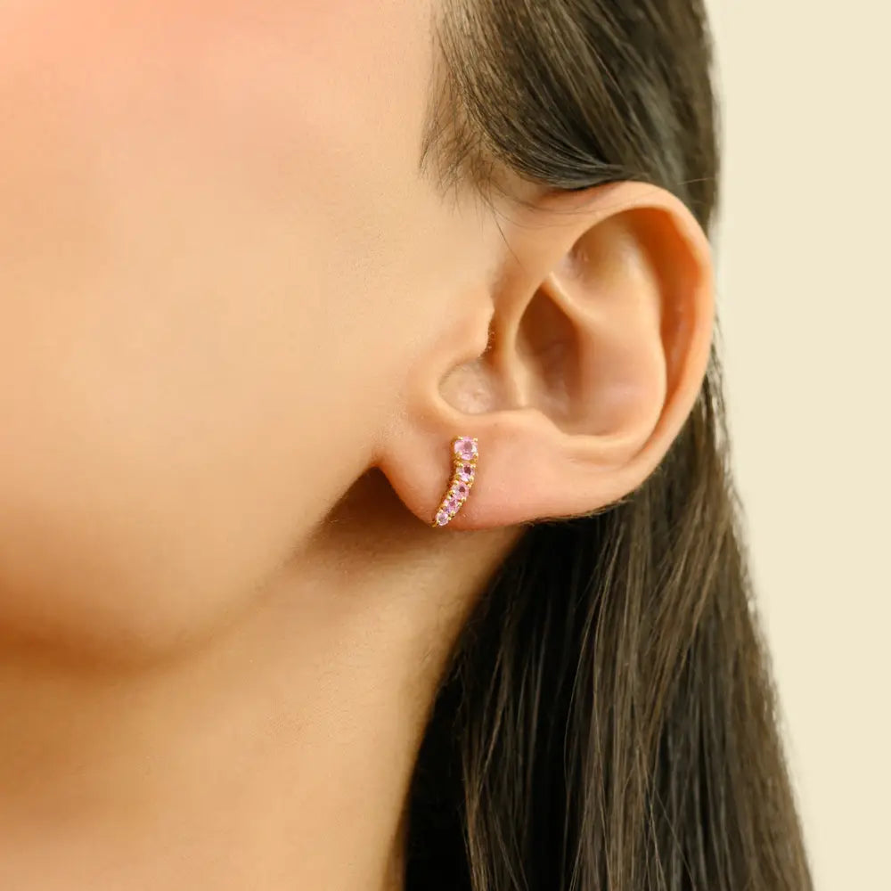 Minimalist Unique Graduated Set Gemstone Pink Sapphire Ear Climber Earrings 14K Gold