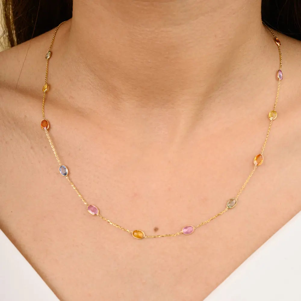 Custom Jewelry Natural Multi Sapphire 18K Fine Yellow Gold Long Chain Necklace