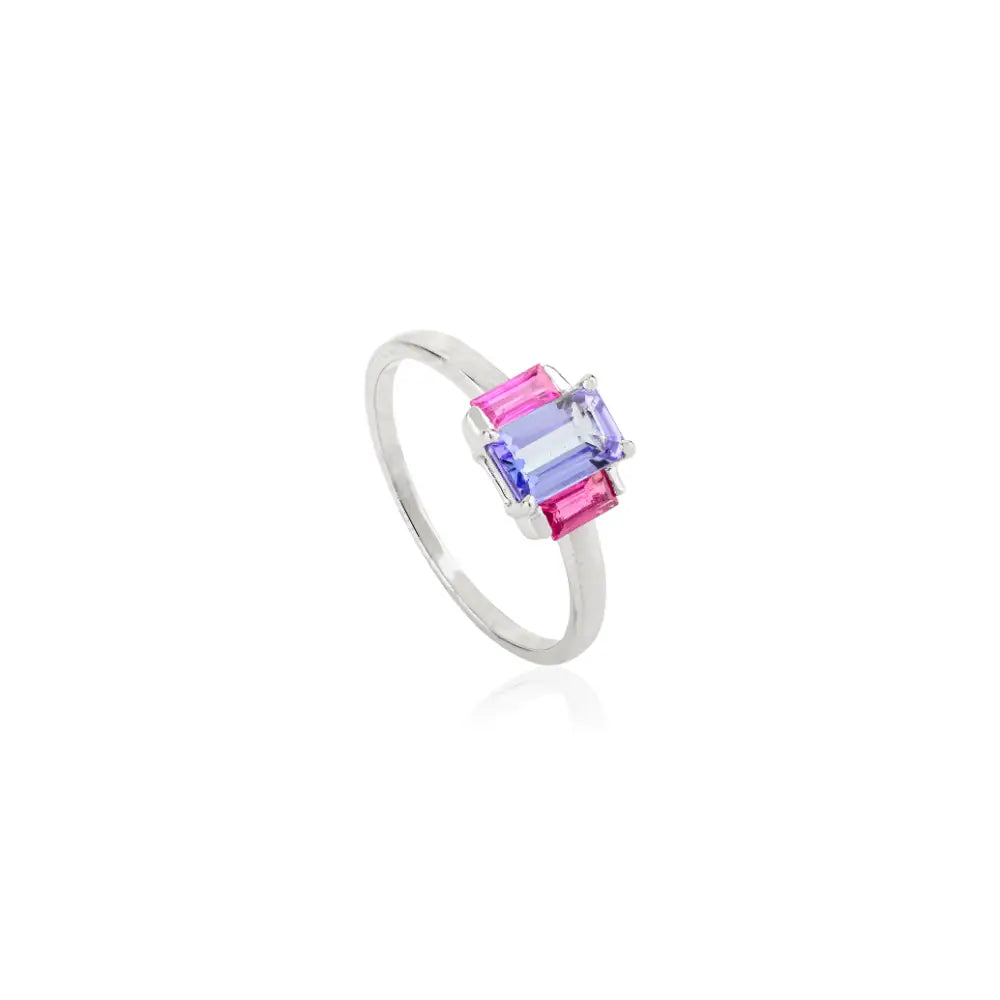 Natural Birthstone Tanzanite & Ruby Real K14 White Gold Three Stone Ring Custom Jewelry