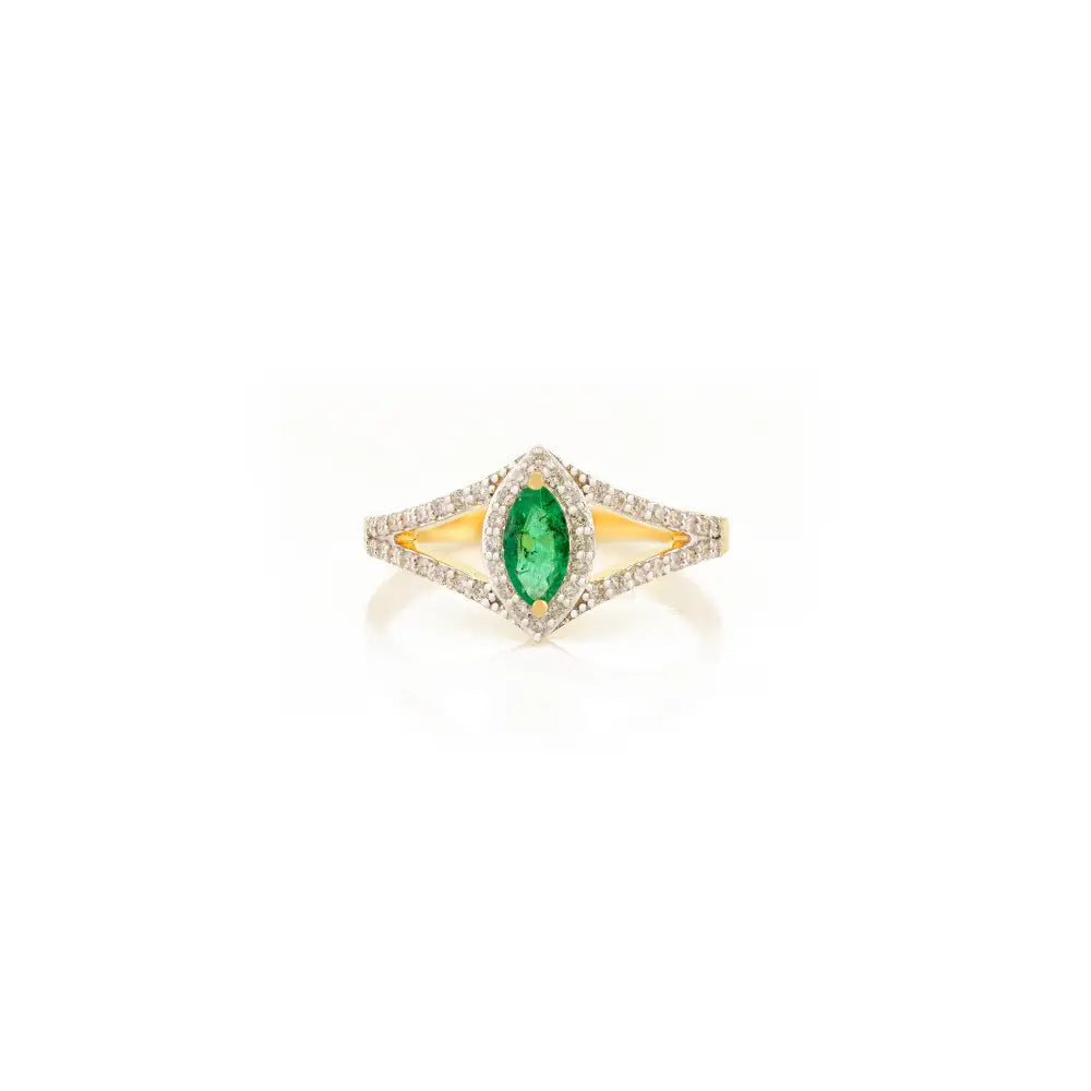 Marquise Cut Emerald & Diamond 18K Yellow Gold Split Shank Stackable Ring Handmade Jewelry