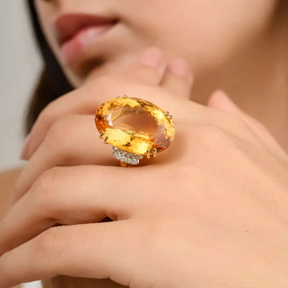 Oval Citrine & Round Diamond Solid 14K Yellow Gold Cocktail Ring November Birthstone Jewelry