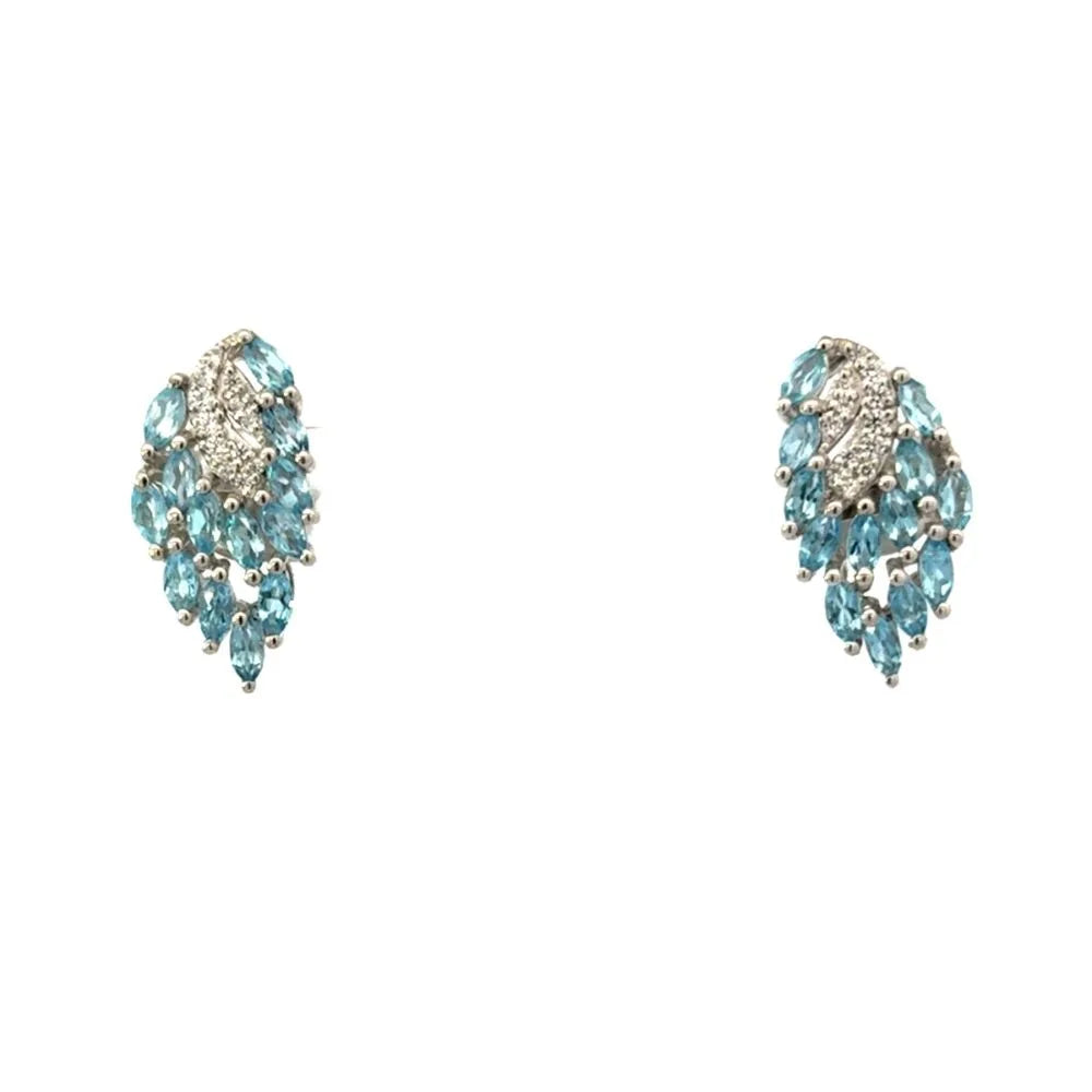 Natural Blue Topaz & Round Cut American Dimond Stud Earrings November Birthstone
