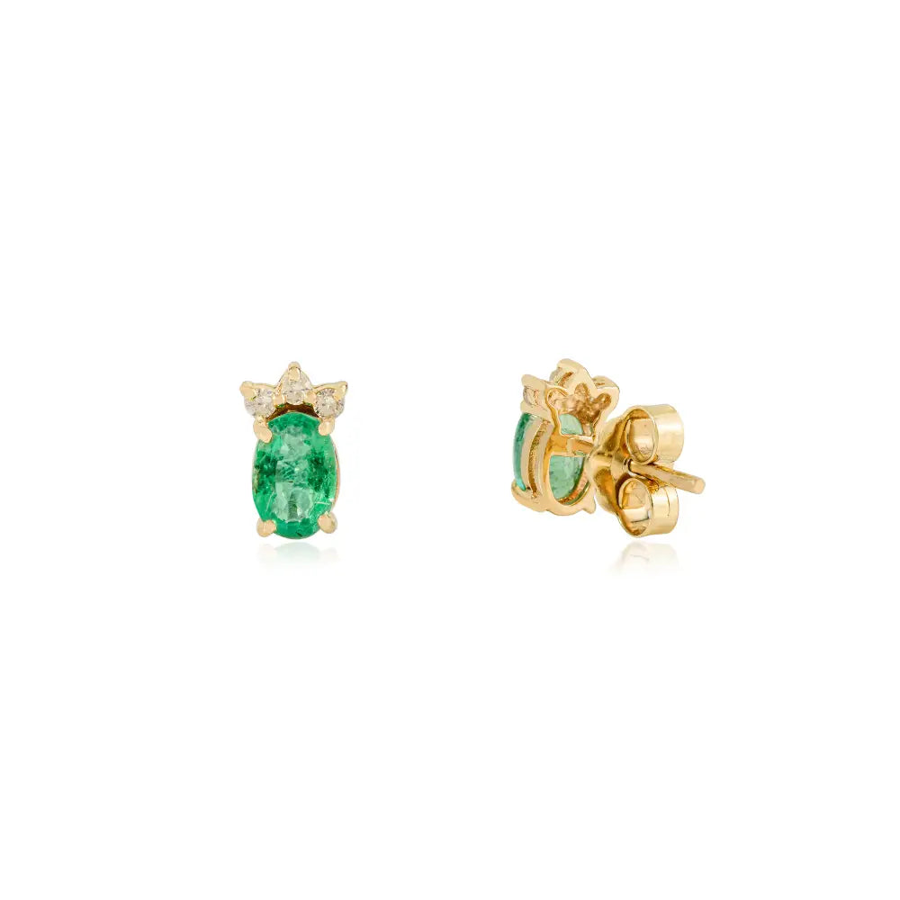 Minimalist Oval Emerald & Round Diamond 14K Yellow Gold Small Stud Earrings Daily Wear Jewelry