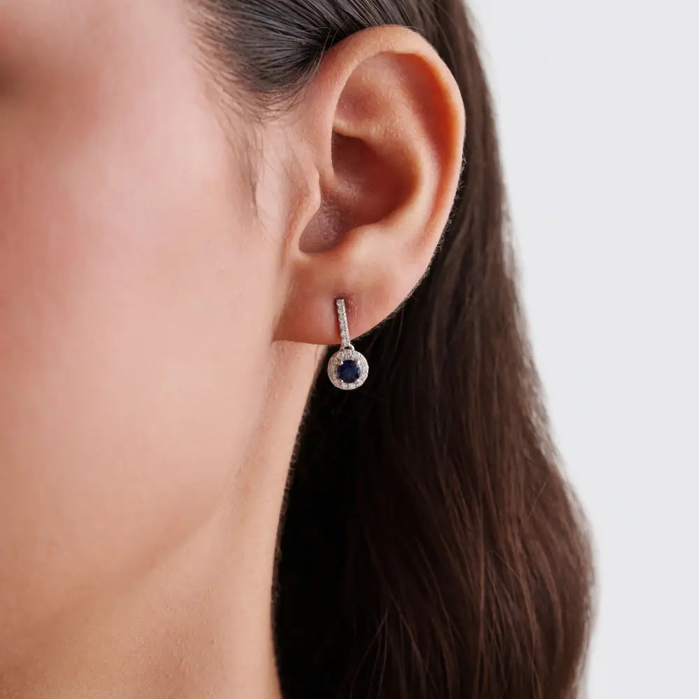 Real 14K White Gold Blue Sapphire & Diamond Minimal Halo Drop Earrings Everyday Wear Jewelry