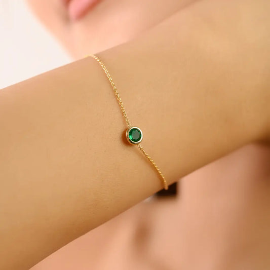 K14 Yellow Solid Gold Minimalist Round Cut Emerald Single Stone Bracelet Stacking Jewelry