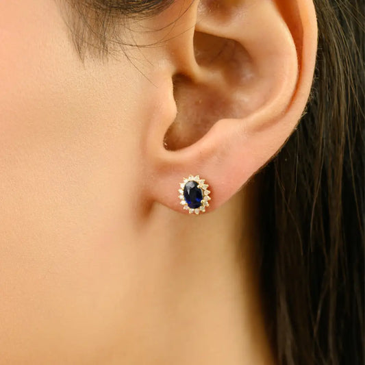 Blue Sapphire & Diamond Prong Setting Cluster Stud Earrings 14K Yellow Gold Minimal Jewelry