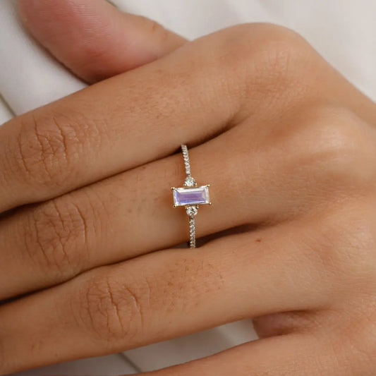 14K Yellow Gold Rainbow Moonstone & Diamond Minimal Ring