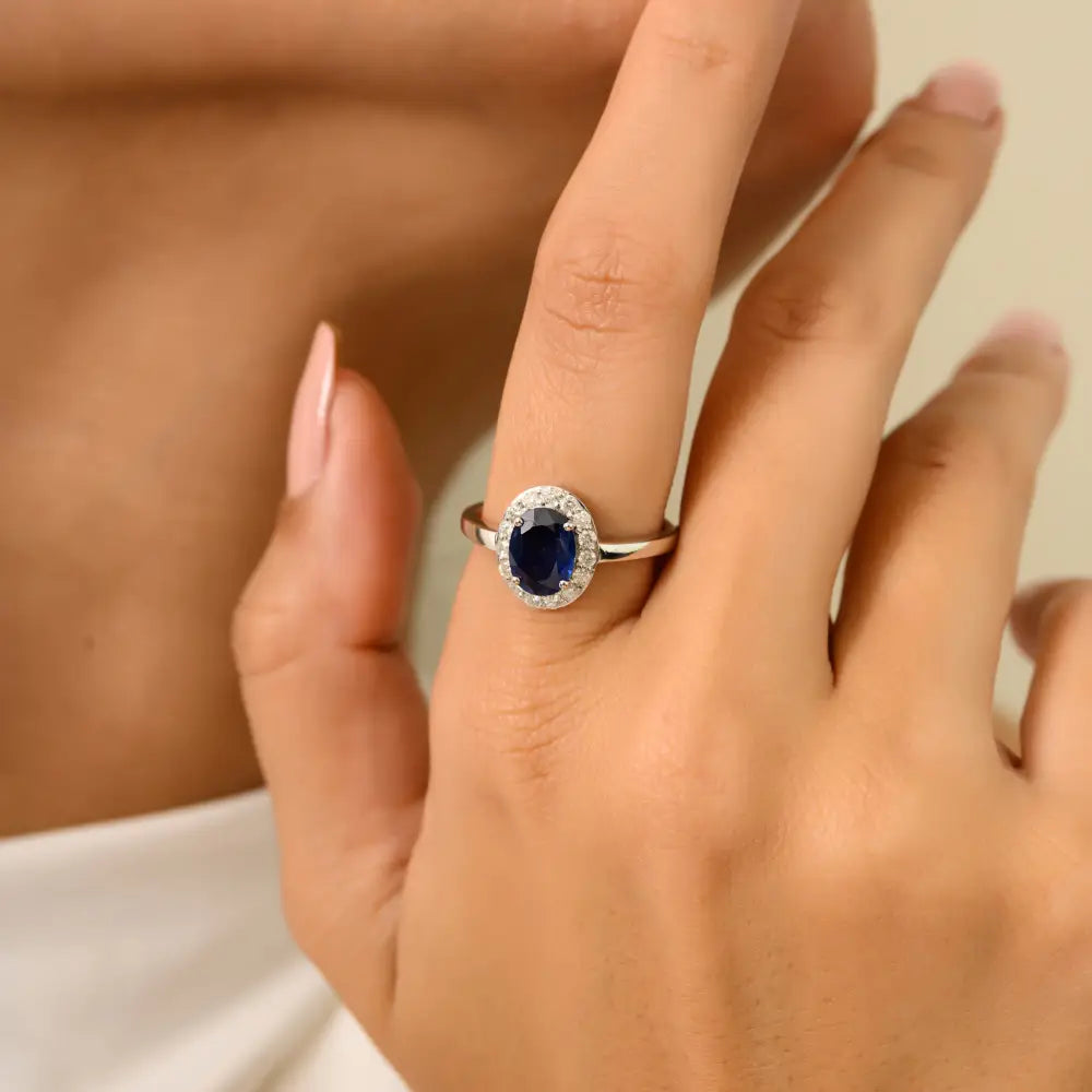 8x6 mm Oval Blue Sapphire & Diamond Halo Ring Engagement Jewelry 14K White Gold