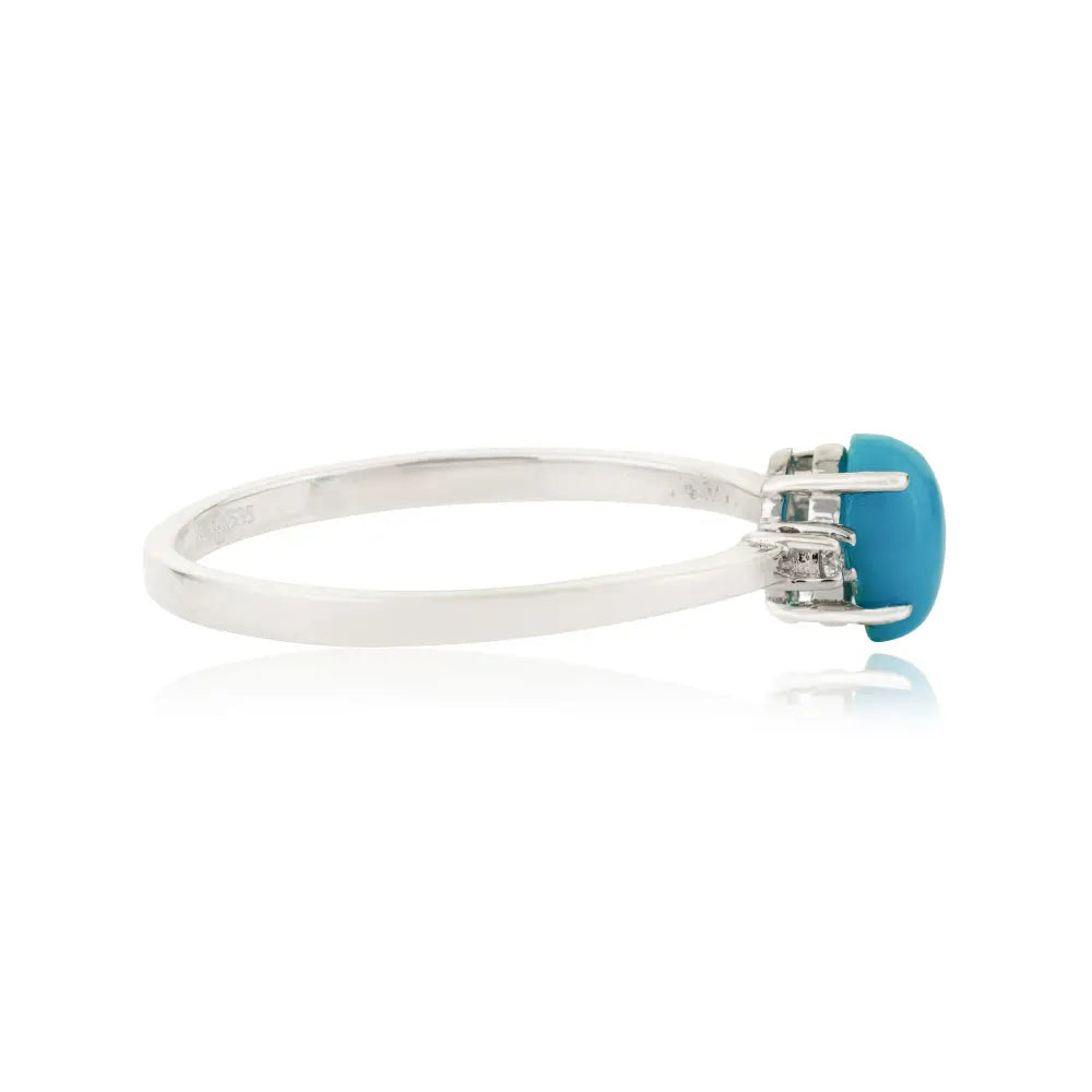 Minimal Cabochon Cut Turquoise & Diamond 14K Solid White Gold Gemstone Ring Daily Wear