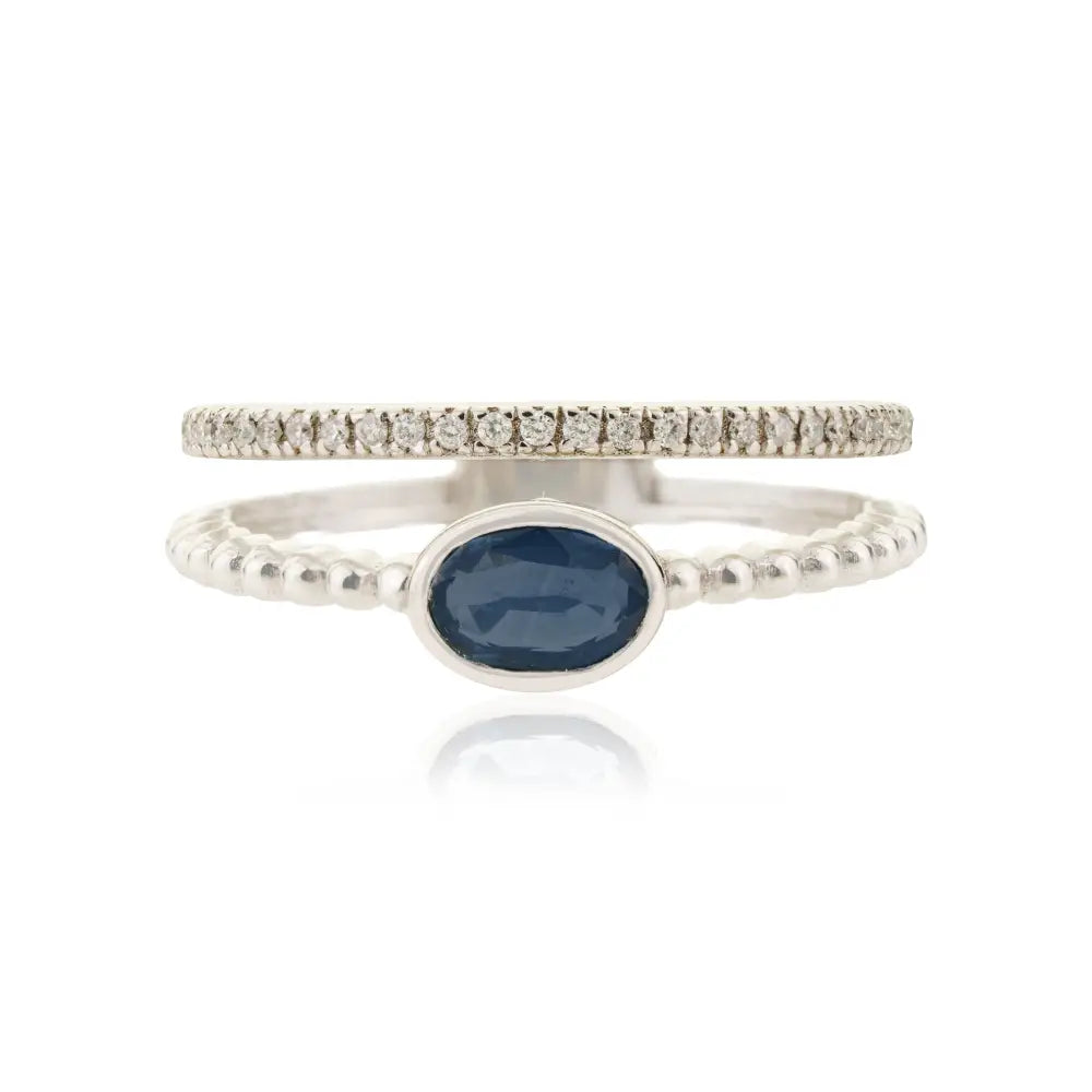 Latest Collection 14K Solid Gold Blue Sapphire & Diamond Double Band Ring Wedding Jewelry