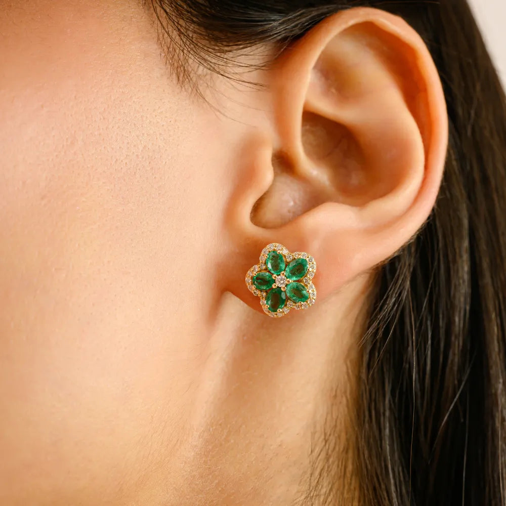 Unique Trending Natural Emerald & Diamond 14K Solid Gold Flower Stud Earrings For Women