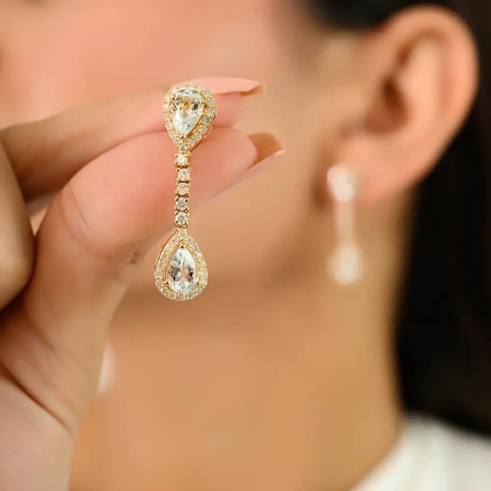 14K Yellow Gold Aquamarine & Diamond Halo Drop Earrings Women Wedding Jewelry Supplier