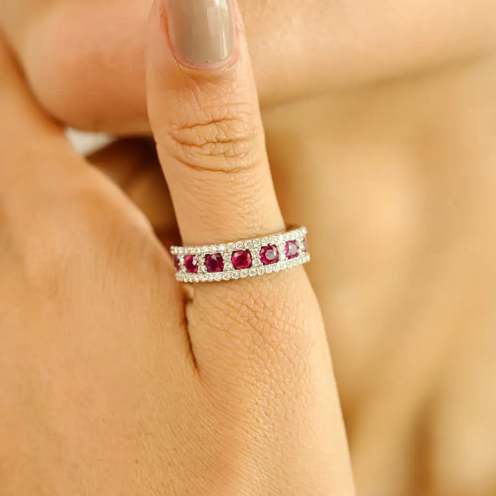 3mm Round Cut Ruby & Diamond Statement Half Eternity Band Ring Pure K14 White Gold Jewelry