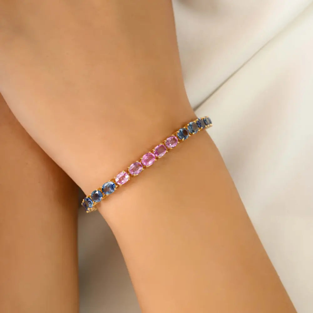 New Collection of Handmade Multi Sapphire Gemstone Tennis Bracelet Real 18K Yellow Gold