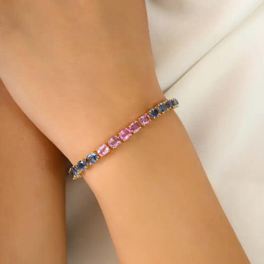 New Collection of Handmade Multi Sapphire Gemstone Tennis Bracelet Real 18K Yellow Gold